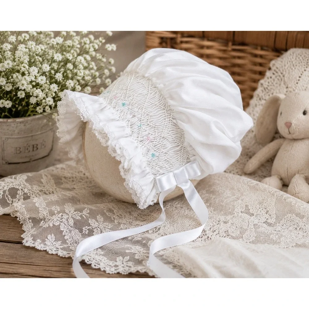 Vintage Style Hand Smocked Baby Bonnet White Embroidered Lace Ribbon Heirloom